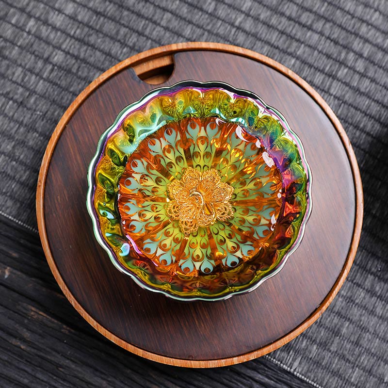 Buddha Stones Vivid Peacock Lotus Inlaid Design Colorful Chinese Jianzhan Ceramic Teacup Kung Fu Tea Cup - image 5