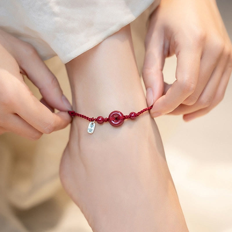 Buddha Stones Handmade Cinnabar Peace Buckle Safe and Healthy Charm Blessing String Bracelet Anklet - image 3
