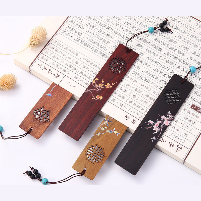 Buddha Stones 4Pcs Four Seasons Plum Orchid Bamboo Chrysanthemum Peking Opera Mask Wood Bookmarks With Gift Box - image 9