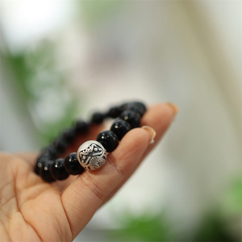 Buddha Stones 925 Sterling Silver Black Onyx Bead Character Engraved Protection Bracelet - image 6
