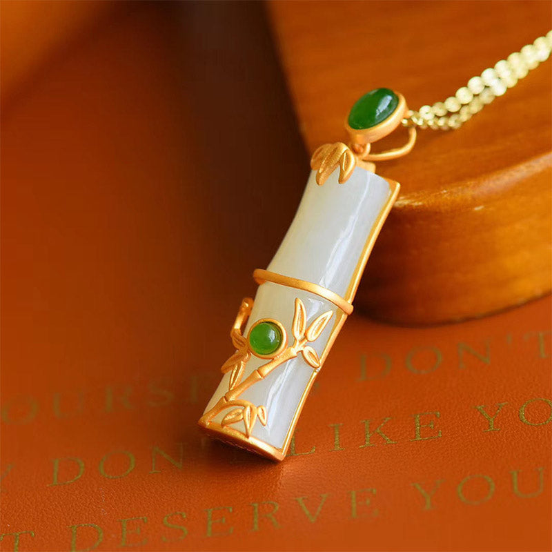 Buddha Stones White Jade Cyan Jade Bamboo Protection Necklace Pendant - image 2