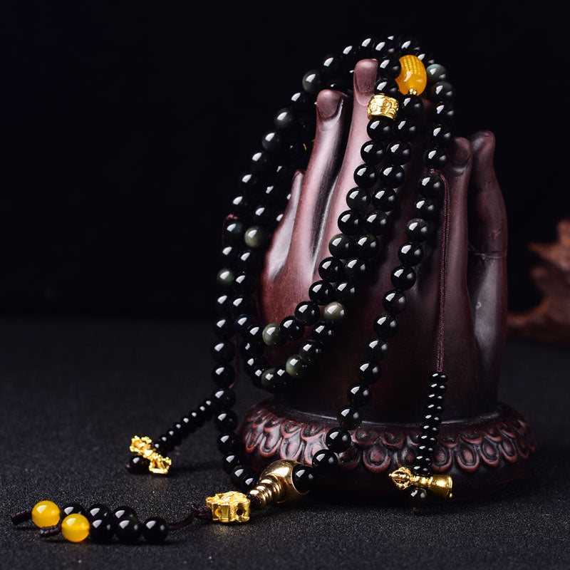 Buddha Stones 108 Beads Natural Black Obsidian Lotus Fulfilment Mala Bracelet - image 1