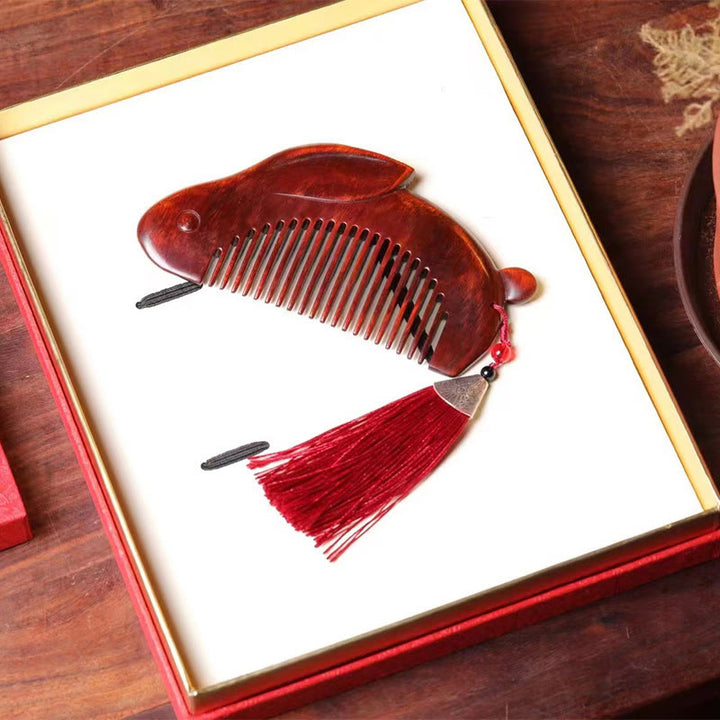Small Leaf Red Sandalwood Cute Bunny Rabbit Sooth Comb With Gift Box - image 3