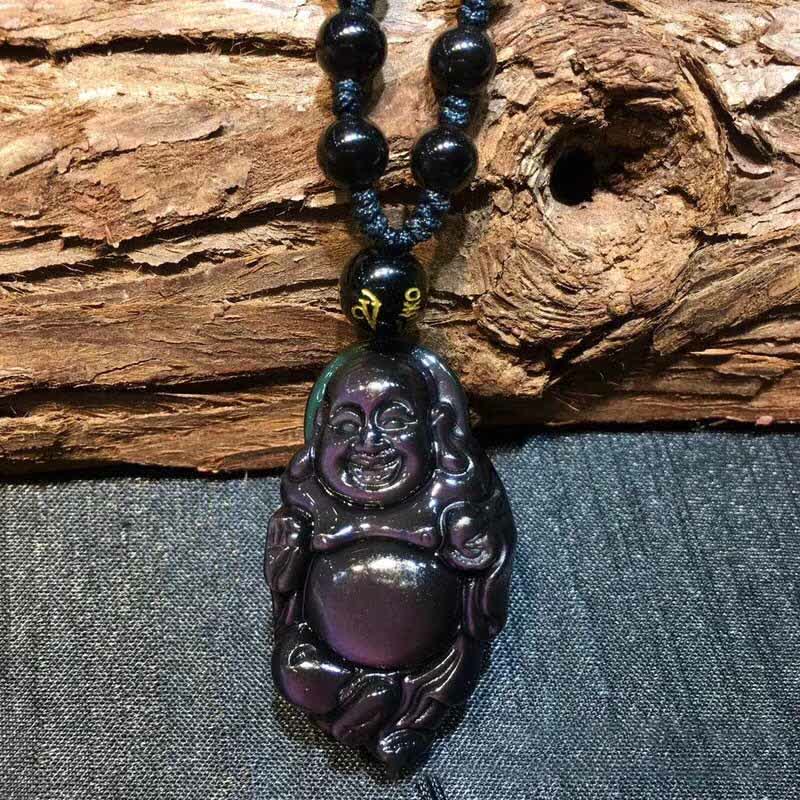 Natural Rainbow Obsidian Laughing Buddha Inner Peace Necklace Pendant - image 4