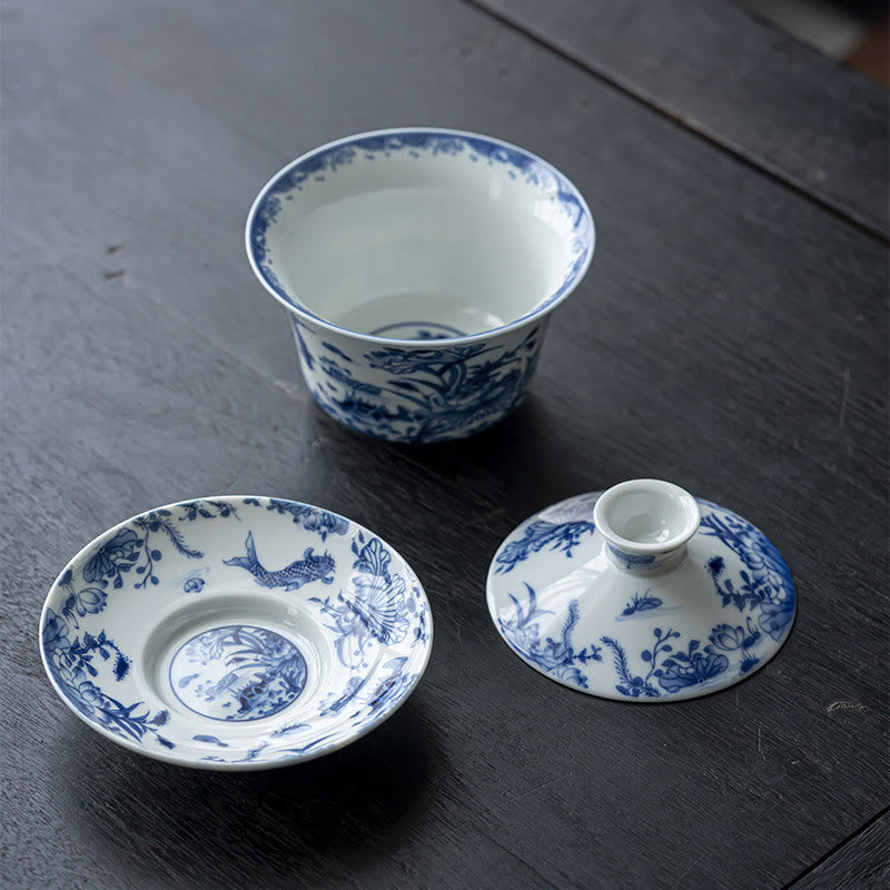 Buddha Stones Blue And White Porcelain Lotus Koi Fish Lion Dance Watermelon Ceramic Gaiwan Sancai Teacup Kung Fu Tea Cup And Saucer With Lid 300ml - image 2