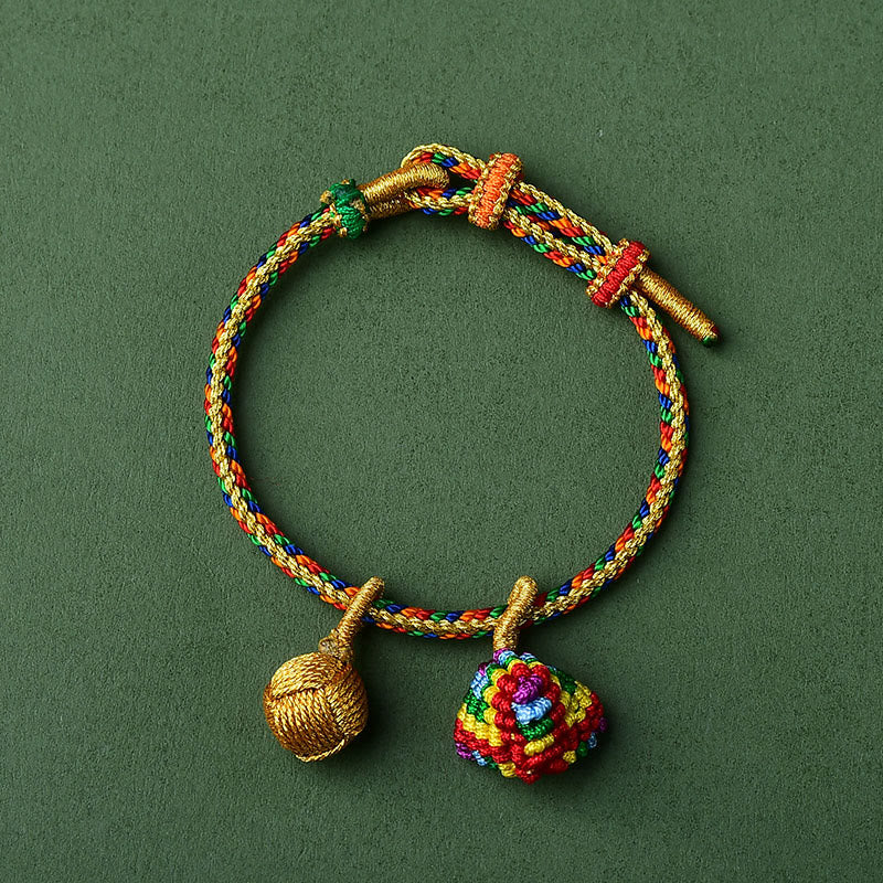 Buddha Stones Colorful Rope Luck Handmade Zongzi Golden Ball Charm Bracelet - Yellow Colorful Zongzi Golden Balls - Adult(Wrist Circumference 16-19cm) - image 17