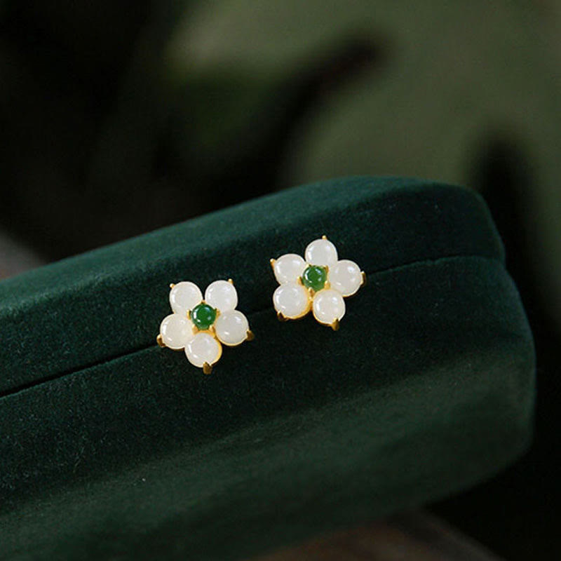 Buddha Stones White Jade Flower Luck Blessing Stud Earrings - White Jade(Protection♥Blessing) - image 0