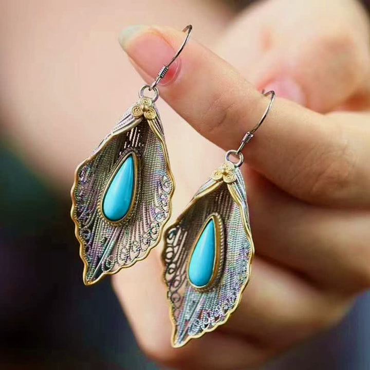 Buddha Stones 925 Sterling Silver Turquoise Bodhi Leaf Pattern Protection Drop Dangle Earrings - image 2