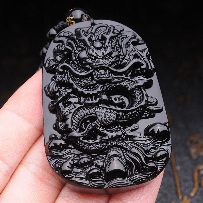 Buddha Stones Black Obsidian Stone Dragon Fulfilment Pendant Necklace - image 2