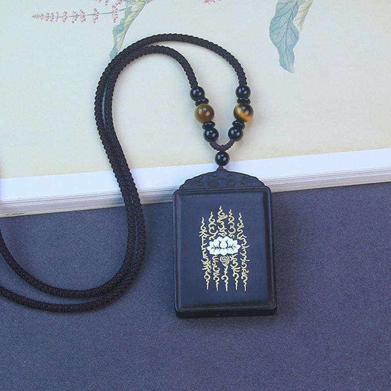 Buddha Stones 999 Sterling Silver Ebony Wood Lotus Inlaid Calm Necklace Pendant - image 1