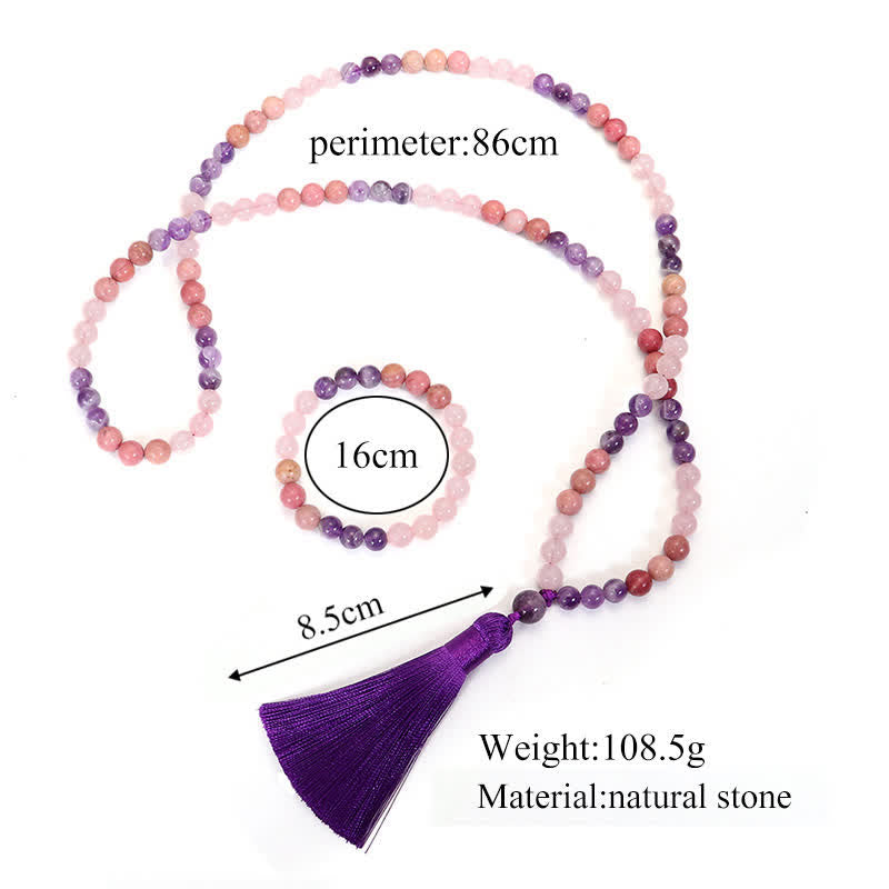 Buddha Stones 108 Mala Beads Amethyst Rose Quartz Spiritual Healing Tassel Bracelet - image 10