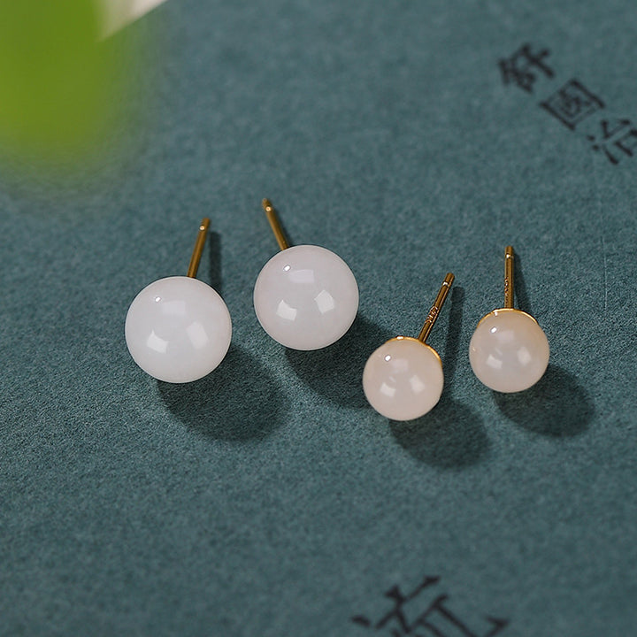 Buddha Stones 925 Sterling Silver Round White Jade Blessing Stud Earrings - image 0