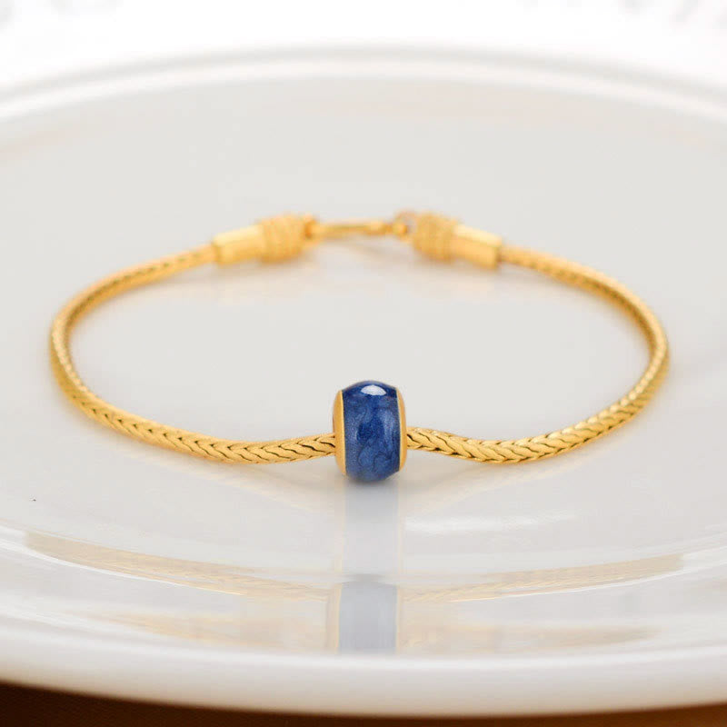 Buddha Stones Tibetan 18K Gold Om Mani Padme Hum Lucky Koi Fish Fu Character Ingot Copper Coin Peace Bracelet - Blue Bead - image 8