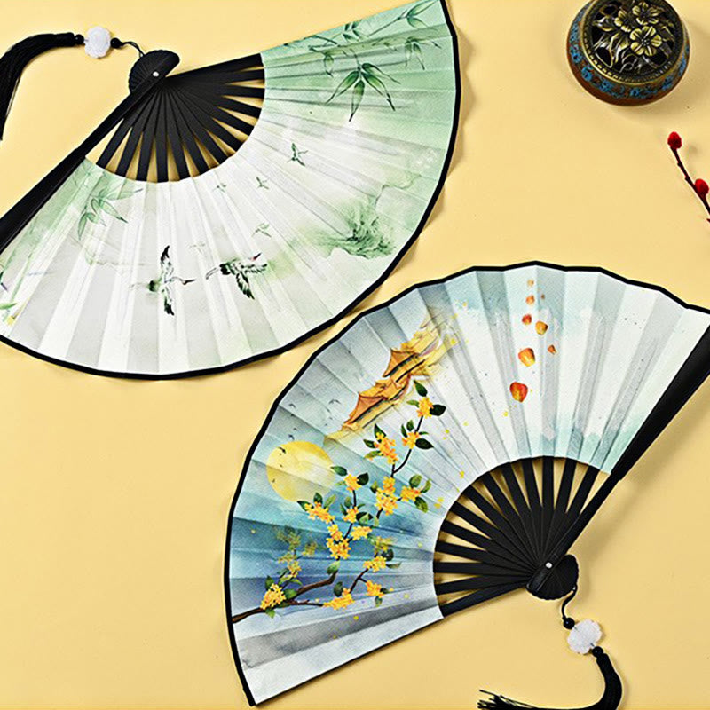 Buddha Stones Vintage Phoenix Nine Tailed Fox Flower Bamboo Tiger Handheld Folding Fan Lotus Tassel Fan - image 11