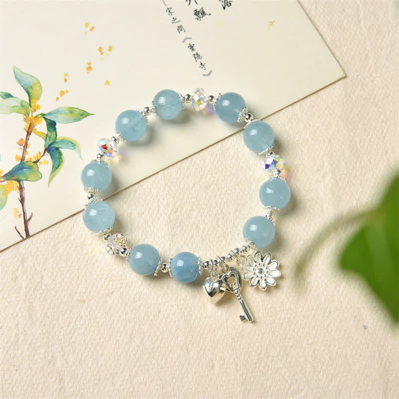 Buddha Stones 925 Sterling Silver Natural Aquamarine Serenity Flower Love Key Charm Bracelet - image 4
