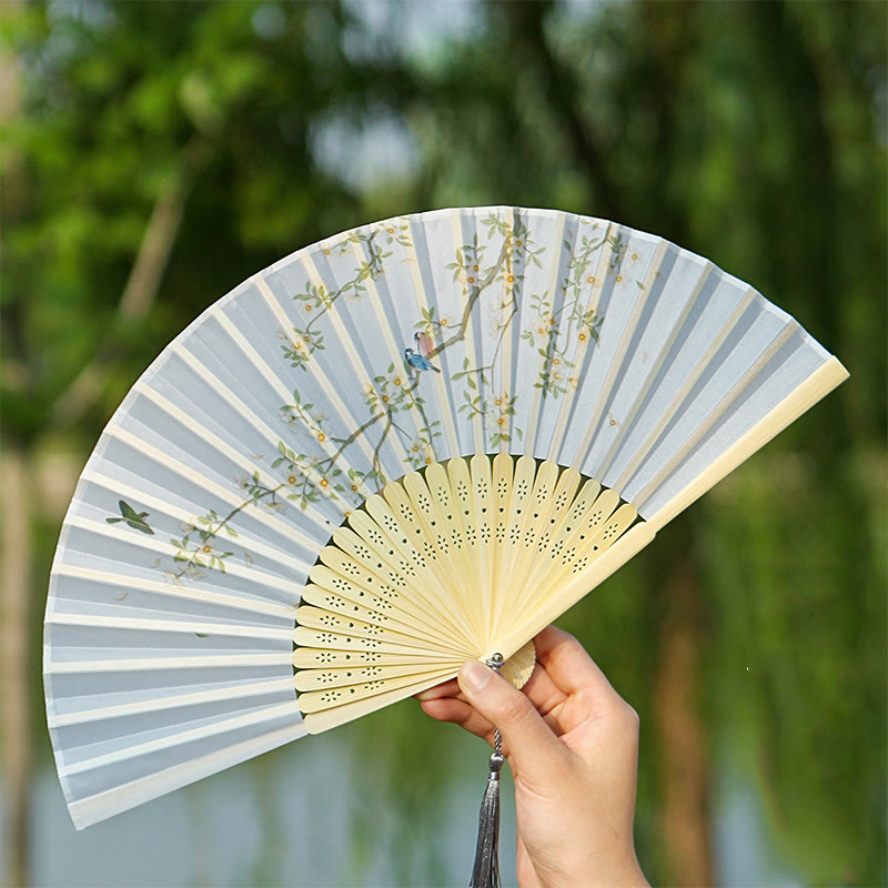 Buddha Stones Classic Birds Singing Flowers Handheld Bamboo Folding Fan - image 1