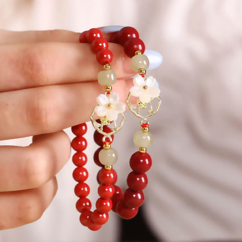 Buddha Stones Natural Cinnabar Jade Beaded Tridacna Stone Flower Blessing Bracelet - image 1