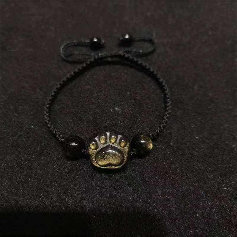 Buddha Stones Natural Silver Sheen Obsidian Gold Sheen Obsidian Cute Cat Paw Claw Protection Rope Bracelet - Gold Sheen Obsidian - Black Rope(Wrist Circumference 14-19cm) - image 10