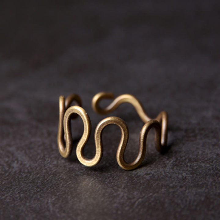 Buddha Stones Simple Curved Brass Design Copper Luck Wealth Adjustable Ring - image 3
