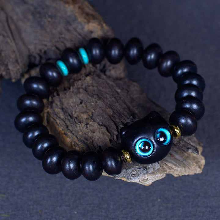Buddha Stones Ebony Wood Liuli Glass Lovely Cat Peace Balance Bracelet - image 3