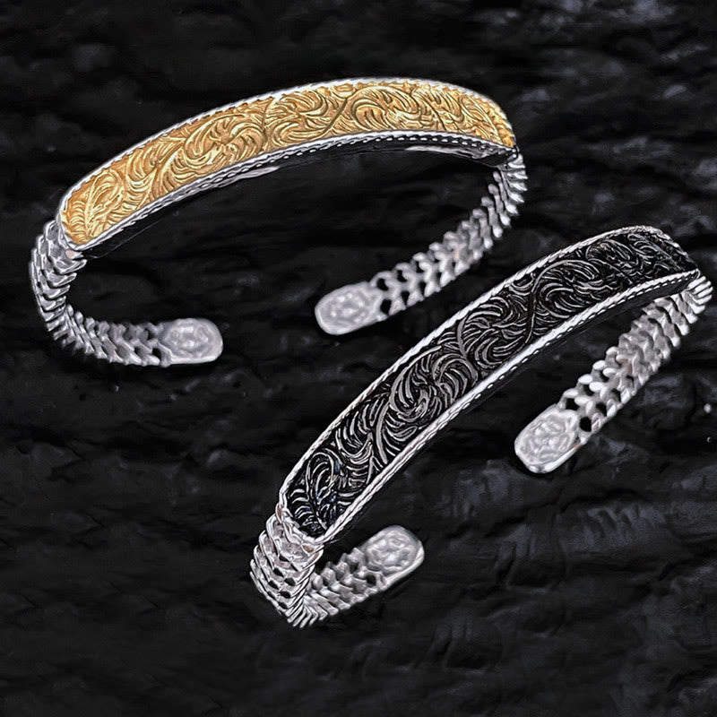 Buddha Stones Tang Dynasty Flower Design Engraved Copper Luck Cuff Bracelet Bangle Adjustable Ring - image 0