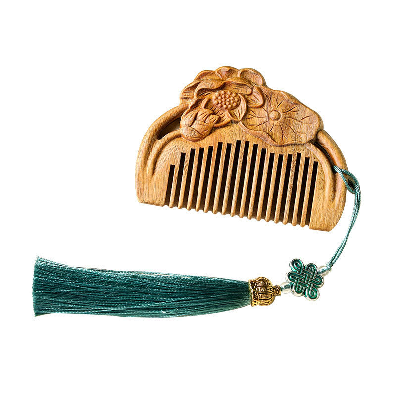 Natural Green Sandalwood Lotus Flower Leaf Engraved Soothing Comb - image 5