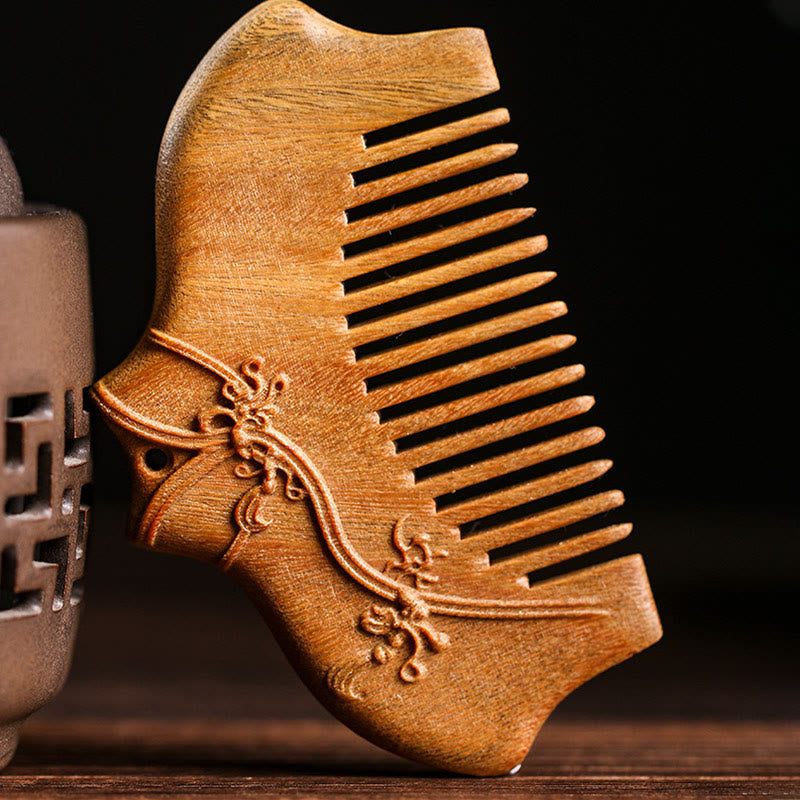 Buddha Stones Green Sandalwood Flower Pattern Engraved Soothing Comb - image 4
