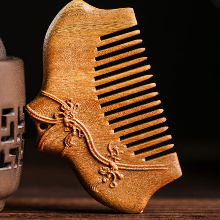 Buddha Stones Green Sandalwood Flower Pattern Engraved Soothing Comb - image 4