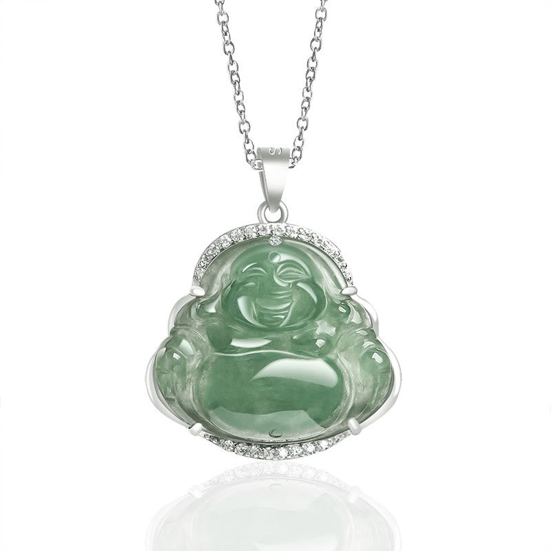 Buddha Stones 925 Sterling Silver Laughing Buddha Natural Jade Luck Prosperity Necklace Chain Pendant - Laughing Buddha(Happiness♥Wealth) - image 0