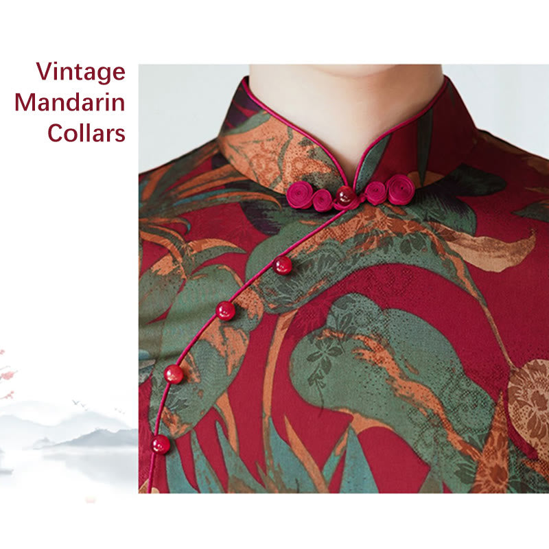 Buddha Stones Silk Qipao Dress Retro Flower Leaf Pattern Women's Cheongsam Dress - image 11
