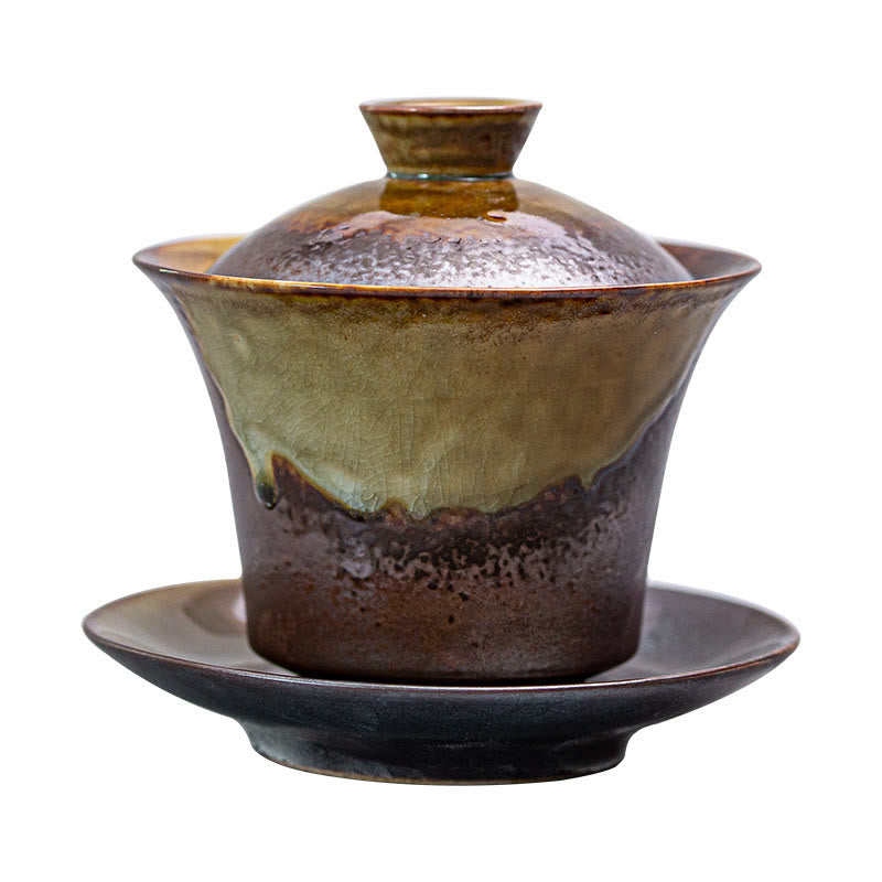 Buddha Stones Vintage Brown Kiln Change Design Porcelain Ceramic Gaiwan Sancai Teacup Kung Fu Tea Cup And Saucer With Lid - image 4