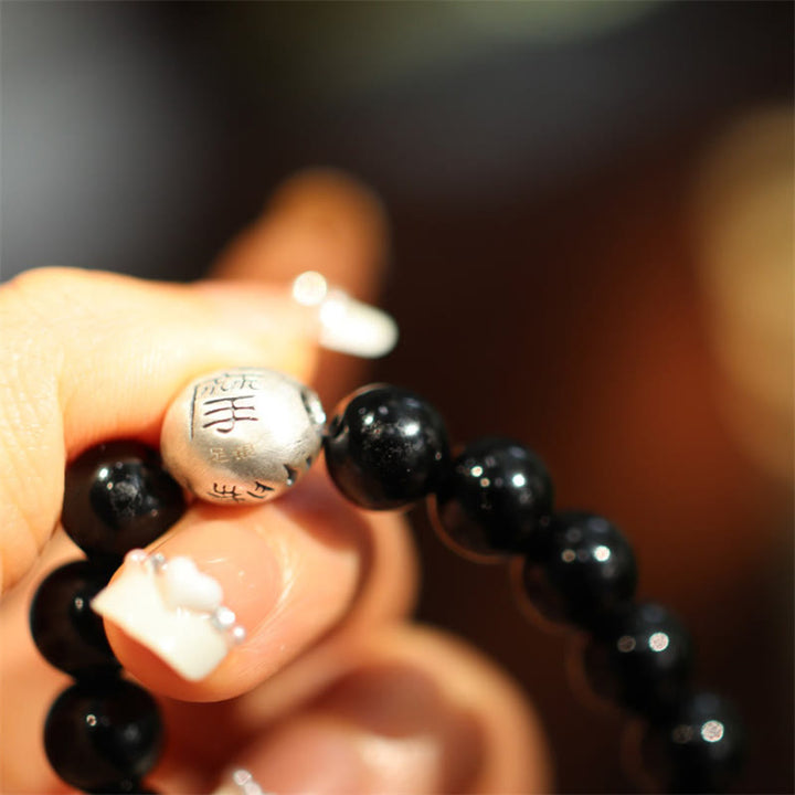 Buddha Stones 925 Sterling Silver Black Onyx Bead Character Engraved Protection Bracelet - image 5