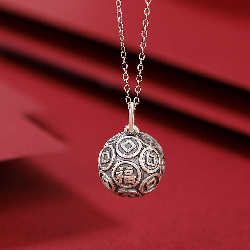 Buddha Stones 990 Sterling Silver Fu Character Copper Coin Luck Fortune Chain Necklace Pendant - image 1