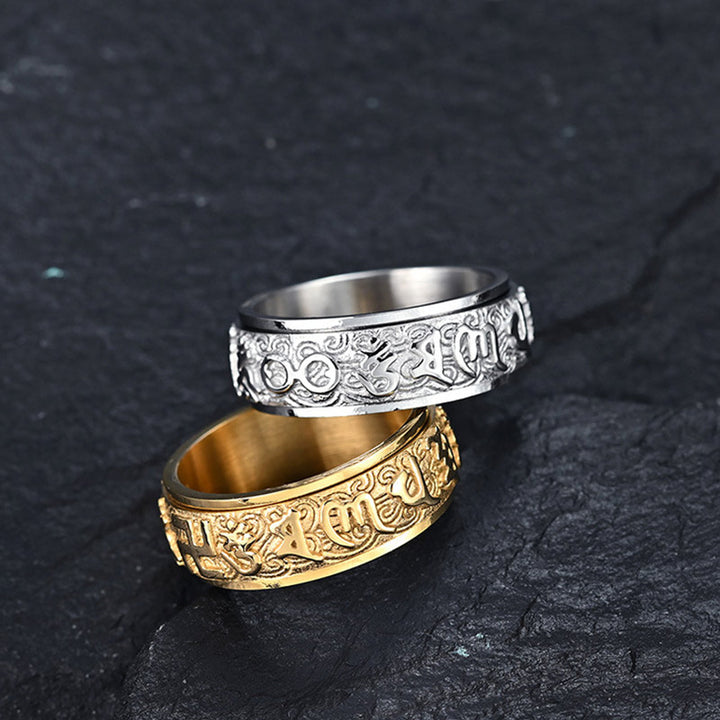 Buddha Stones Om Mani Padme Hum Balance Calm Titanium Steel Ring - image 7