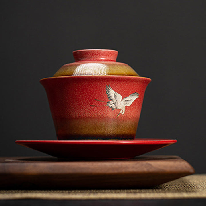 Buddha Stones Red Auspicious Crane Ceramic Gaiwan Sancai Teacup Kung Fu Tea Cup And Saucer With Lid - image 3