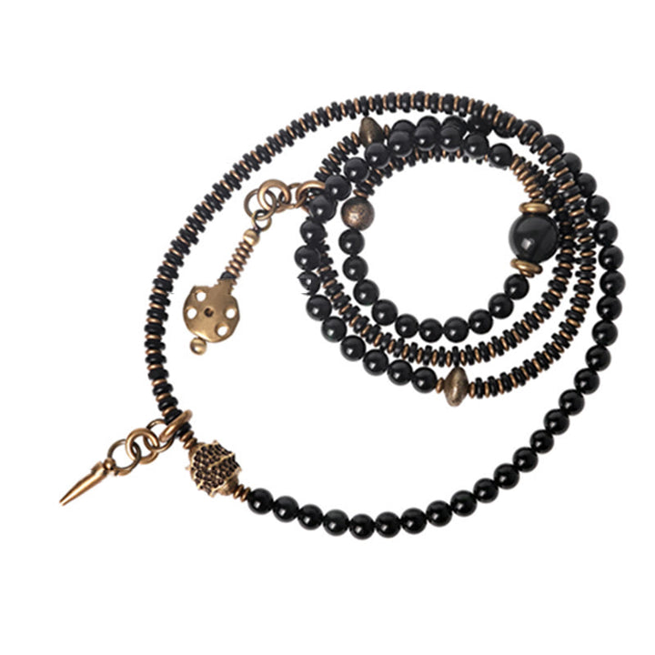 Buddha Stones Rainbow Obsidian Ebony Wood Copper Positive Multilayer Bracelet - image 14