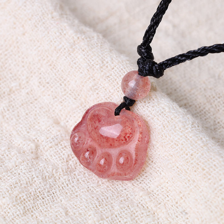 Buddha Stones Strawberry Quartz Lovely Cat Paw Claw Healing Necklace Pendant - image 4