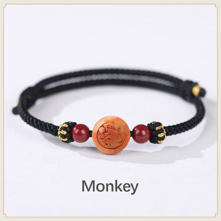 Buddha Stones Natural Peach Wood Chinese Zodiac Fu Character Carved Cinnabar Wealth Bracelet - Monkey-Black(Wrist Circumference 14-22cm) - image 23
