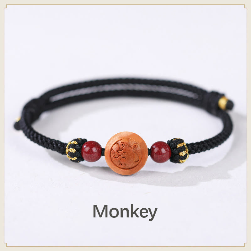 Buddha Stones Natural Peach Wood Chinese Zodiac Fu Character Carved Cinnabar Wealth Bracelet - Monkey-Black(Wrist Circumference 14-18cm) - image 23