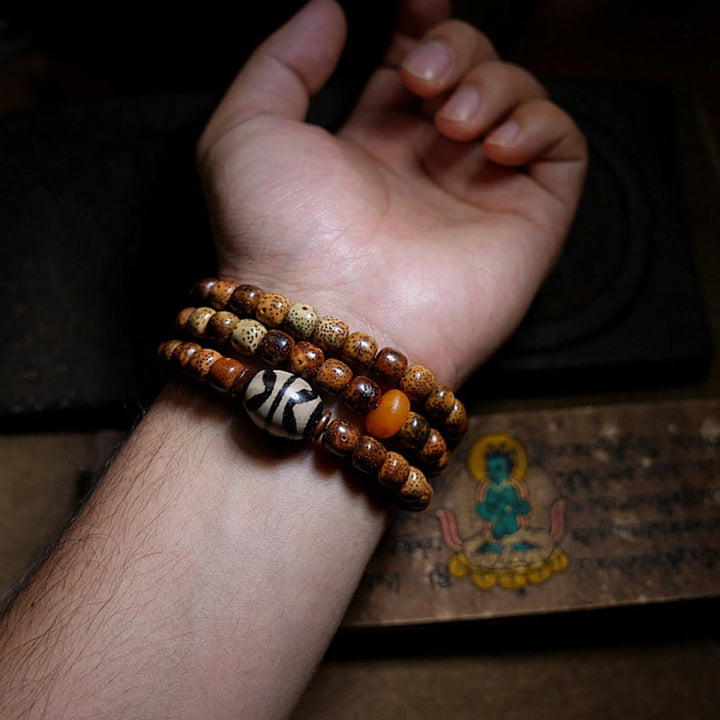 Buddha Stones Tibetan Bodhi Seed Amber Dzi Bead Agate Zakiram Goddess of Wealth Beads Triple Wrap Bracelet - image 3