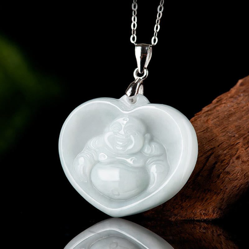 Buddha Stones 925 Sterling Silver Laughing Buddha White Jade Luck Blessing Necklace Pendant - image 1
