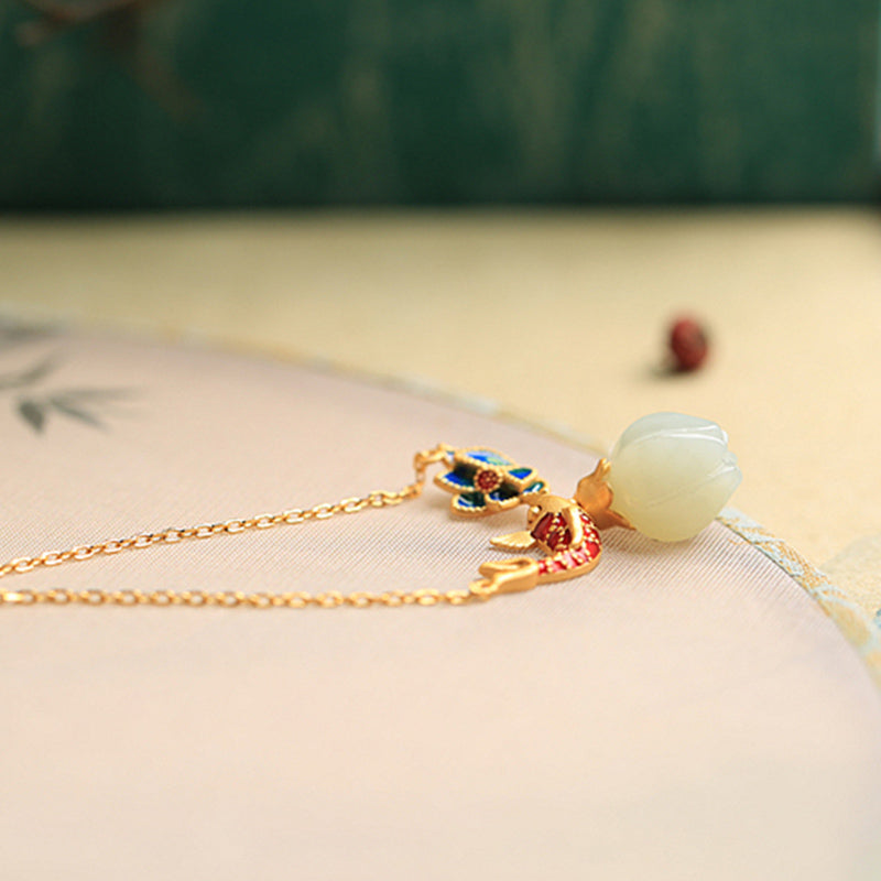 Buddha Stones 925 Sterling Silver White Jade Koi Fish Lotus Protection Necklace Pendant - image 7