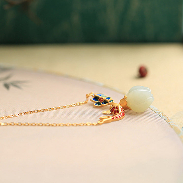 Buddha Stones 925 Sterling Silver White Jade Koi Fish Lotus Protection Necklace Pendant - image 7