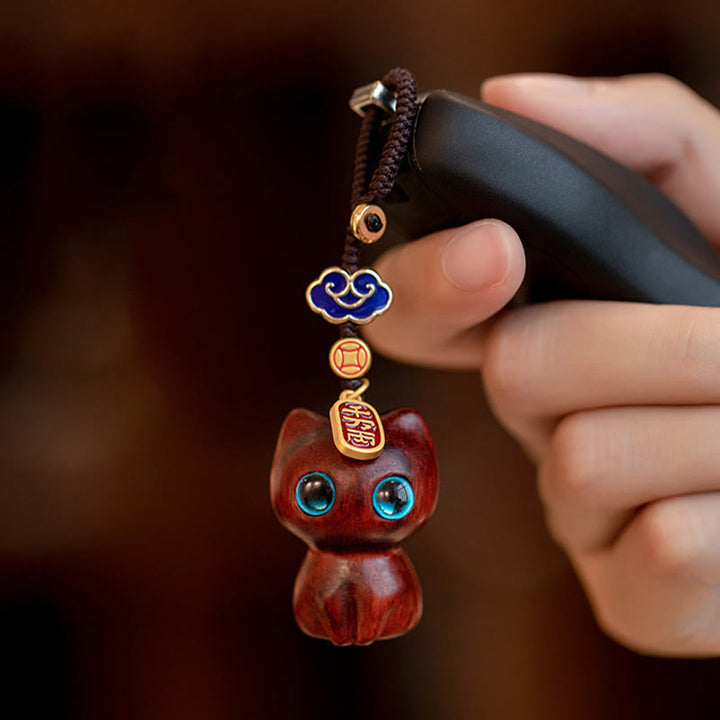 Buddha Stones Small Leaf Red Sandalwood Ebony Wood Lucky Cat Protection Key Chain Phone Hanging Decoration - image 3