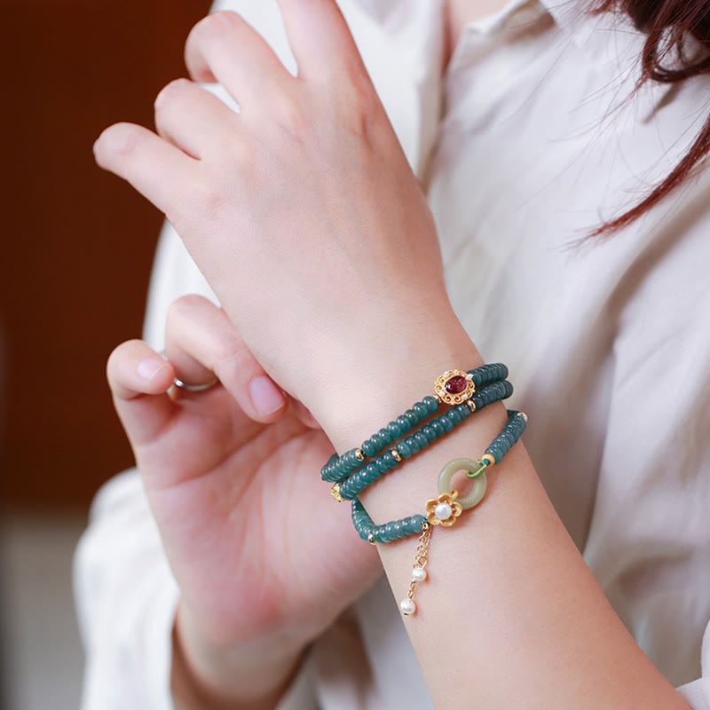 Buddha Stones 925 Sterling Silver Gold Plated Cyan Jade Flower Peace Buckle Success Triple Wrap Bracelet - image 4