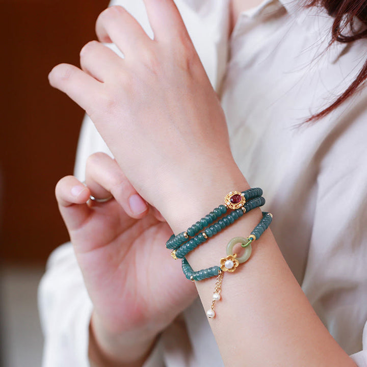 Buddha Stones 925 Sterling Silver Gold Plated Cyan Jade Flower Peace Buckle Success Triple Wrap Bracelet - image 4