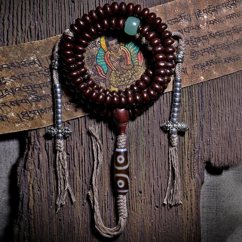 Buddha Stones Natural Tibet 108 Mala Beads Purple Bodhi Seed Three-eyed Dzi Bead Copper Dorje Harmony Bracelet - image 1