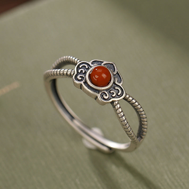 Buddha Stones 925 Sterling Silver Red Agate Bead Logical Thinking Ring - image 1