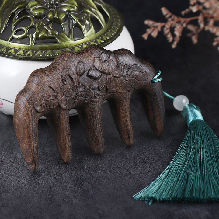 Green Sandalwood Plum Blossom Flowers Lotus Koi Fish Engraved Soothing Tassel Comb - Chacate Preto Wood Lotus Flowers - image 2