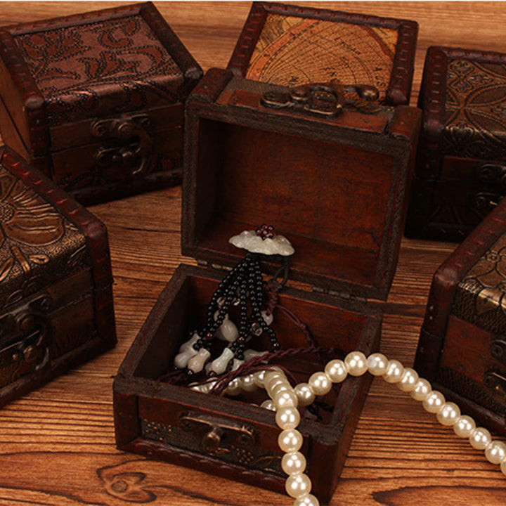 Buddha Stones Retro Small Square Wood Jewelry Box Lotus Grass Flower Grape Copper Coin Daffodil Jewelry Storage Box - image 16